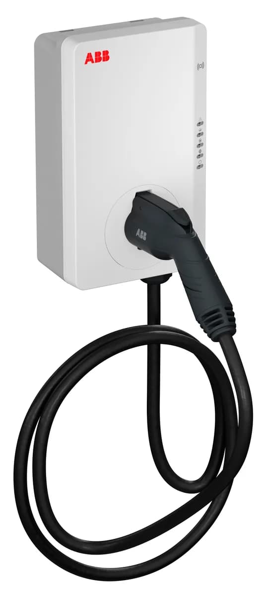 ABB Terra AC socket wallbox with a removable charging cable plugged into the front