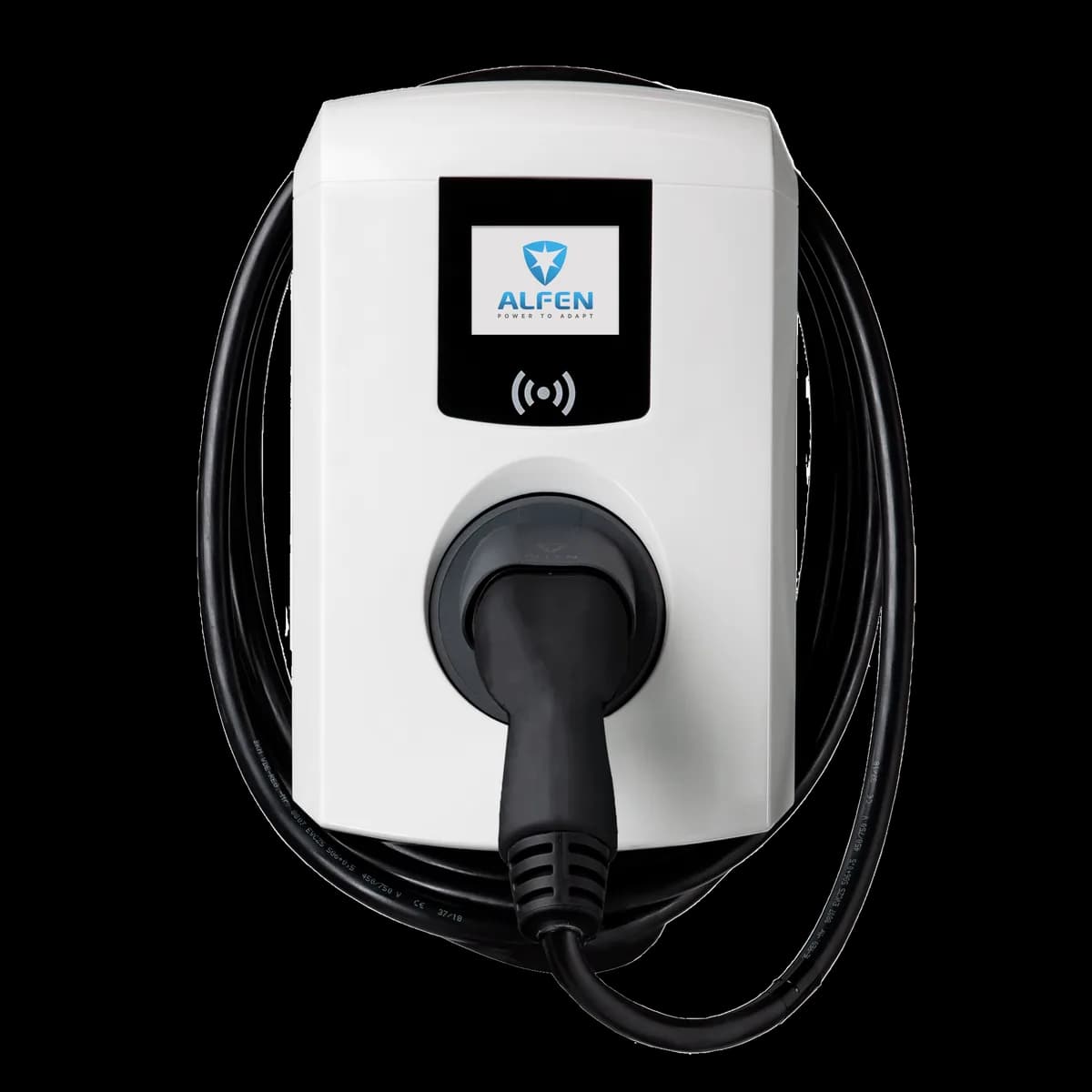 White Alfen Eve Single Pro-line with its fixed charging cable coiled around the wallbox