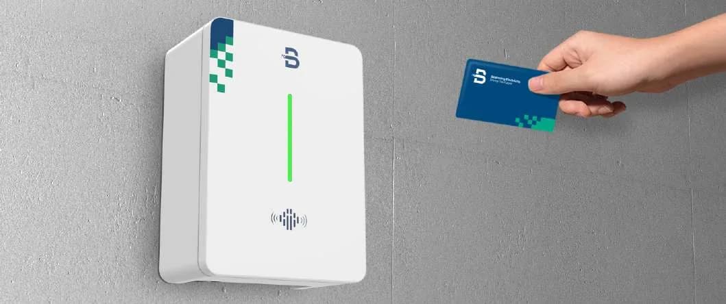 White Beny BCPM wallbox viewed from the front with an RFID card beside it