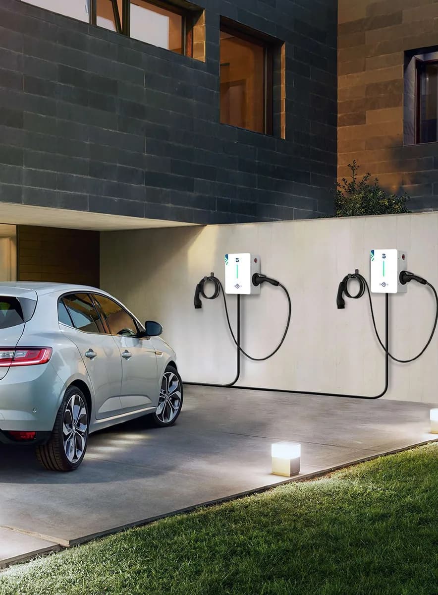 Beny BCPM range wallboxes installed beside an electric car outside a home