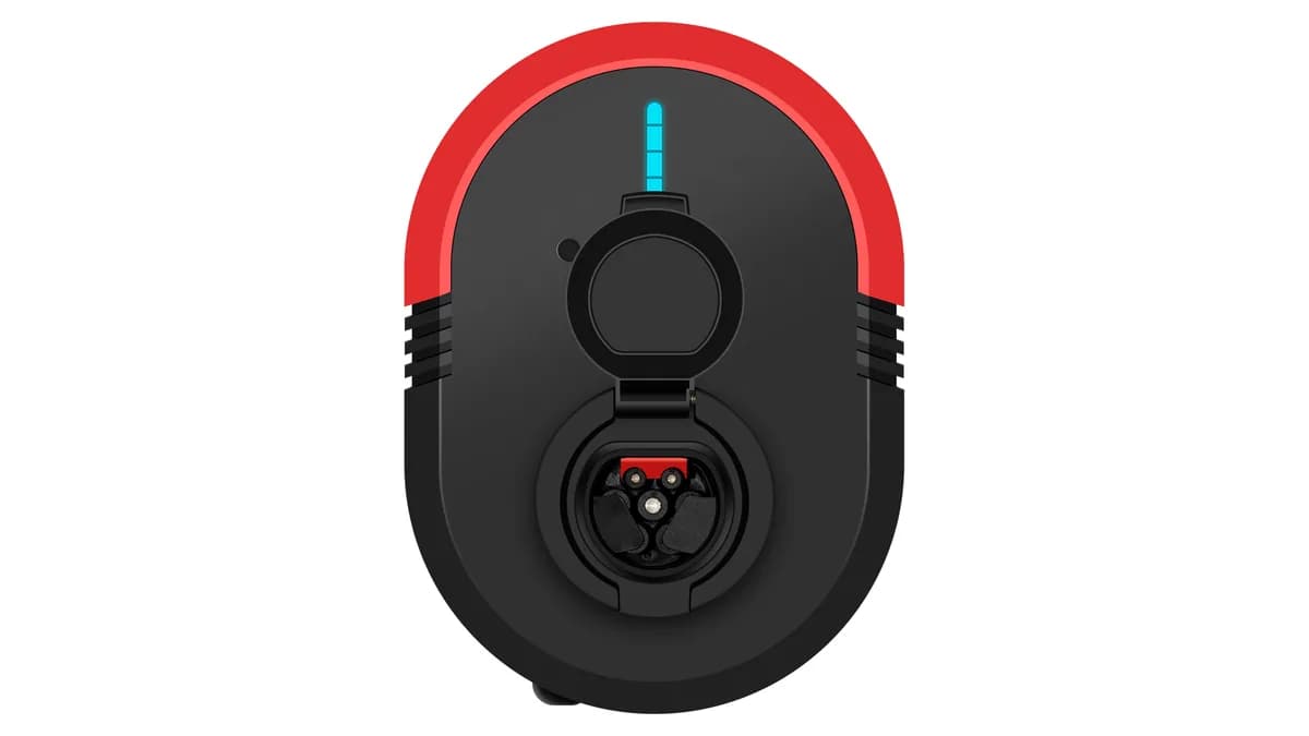 Red and black Blaupunkt BW3P32ASS wallbox with its charging socket cover open