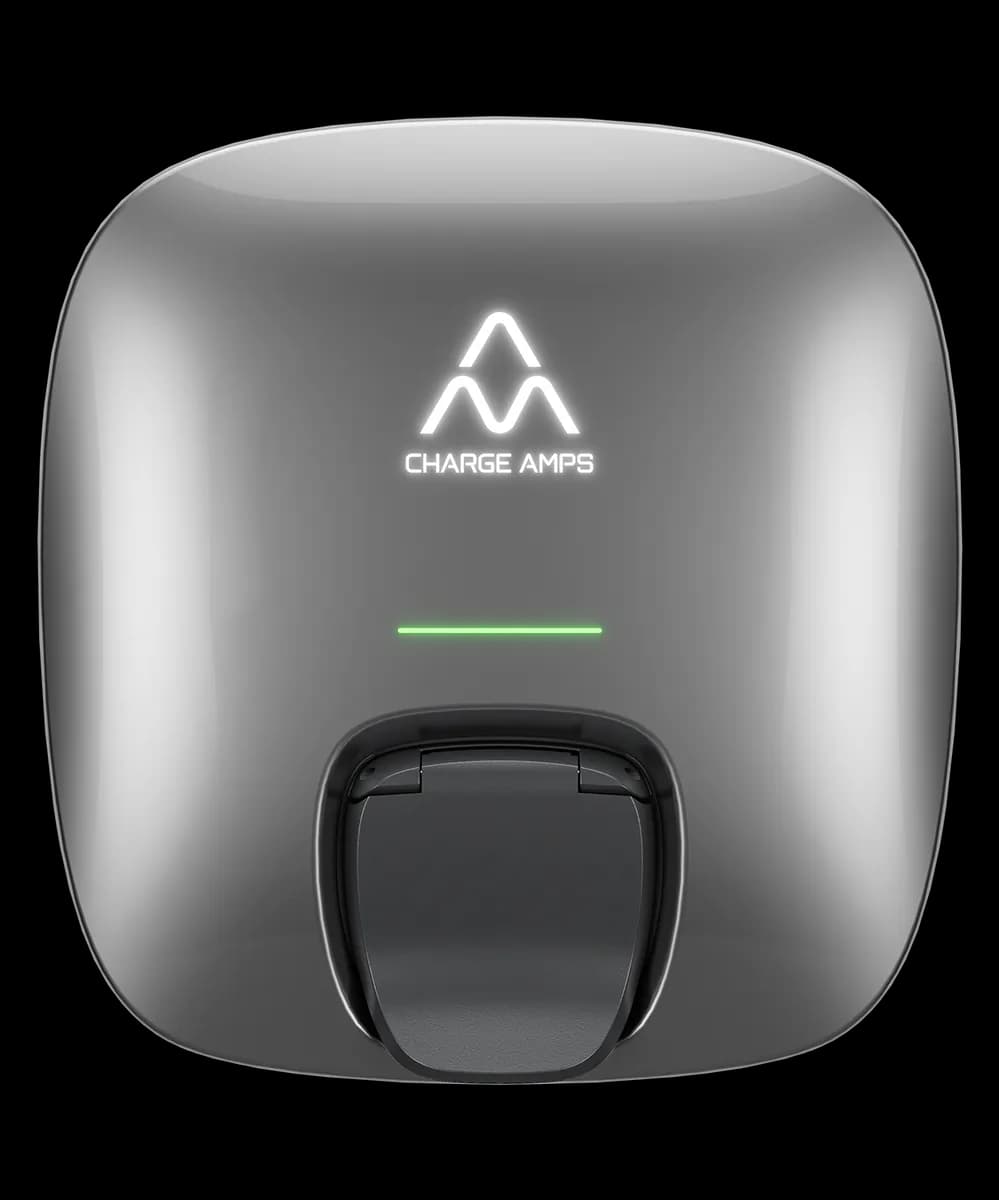 Charge Amps Luna wallbox with a silver front cover and closed charging socket