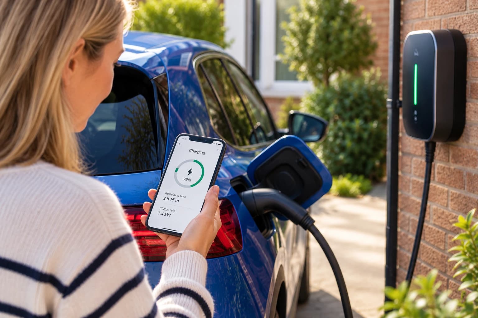 Driver checking charging information on a phone beside a plugged-in car.