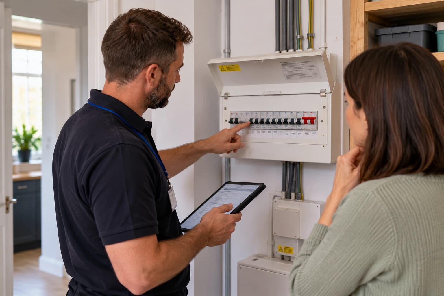 Installer explaining a consumer unit with its protective front cover in place.