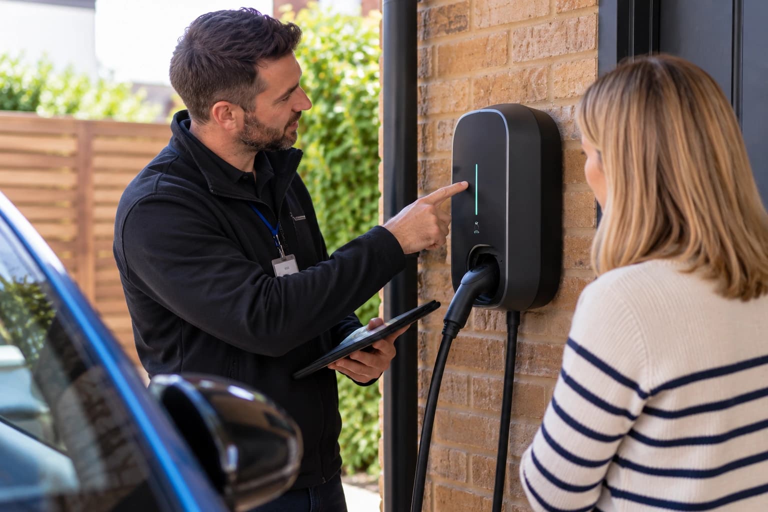 Installer showing a homeowner the completed wall charger's controls.