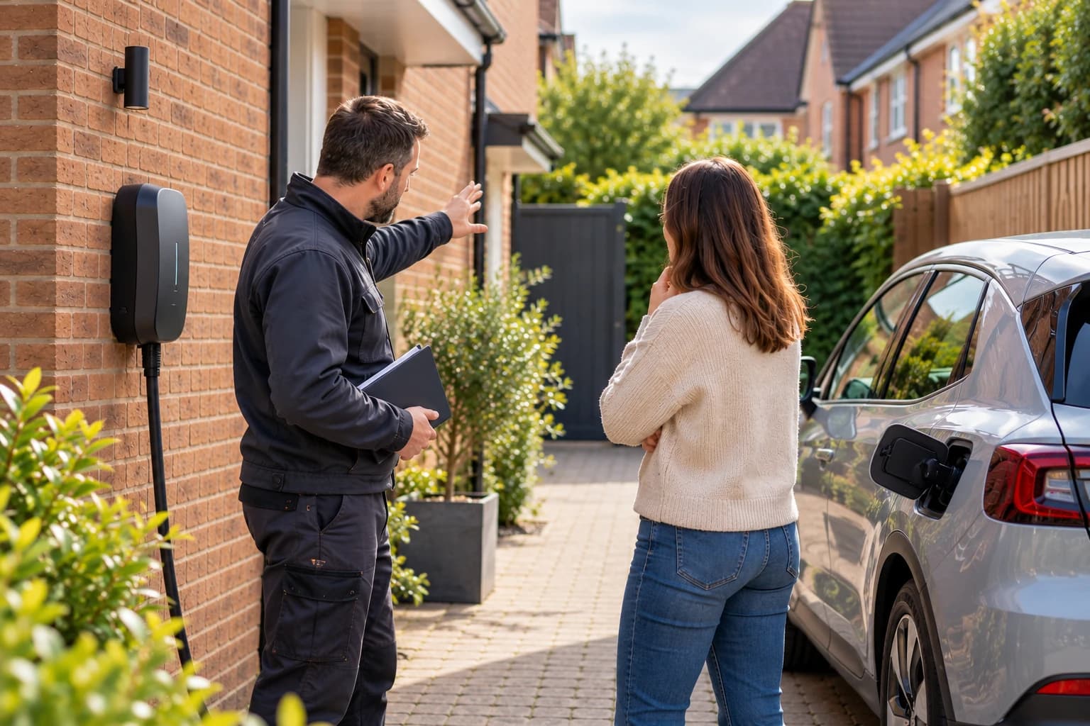 Installer and homeowner discussing the charger location beside a parked car.