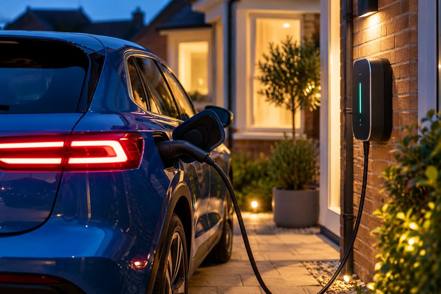 Electric car plugged into a home charger at dusk.
