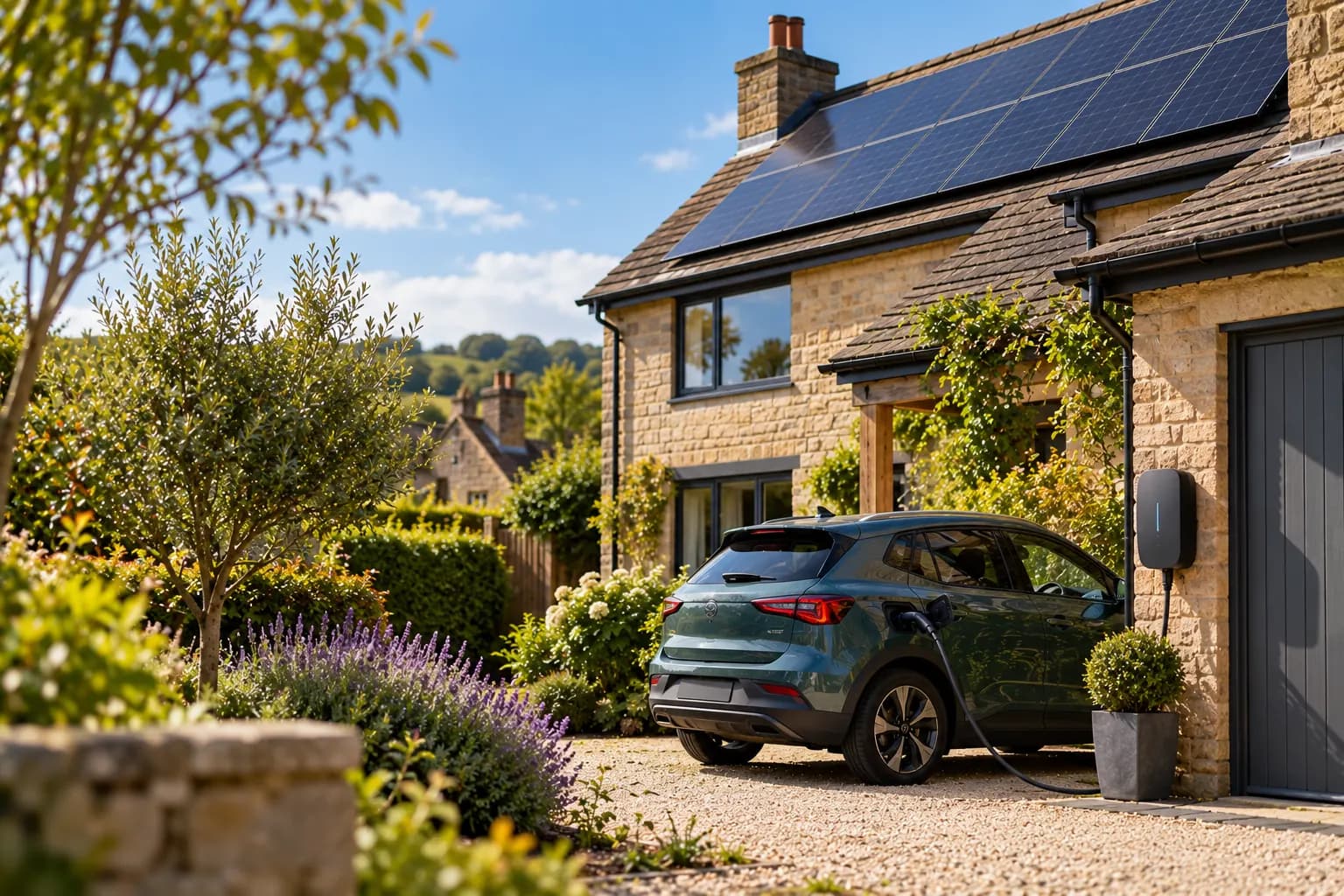 Rooftop solar panels and an electric car charging on the driveway of the same home.