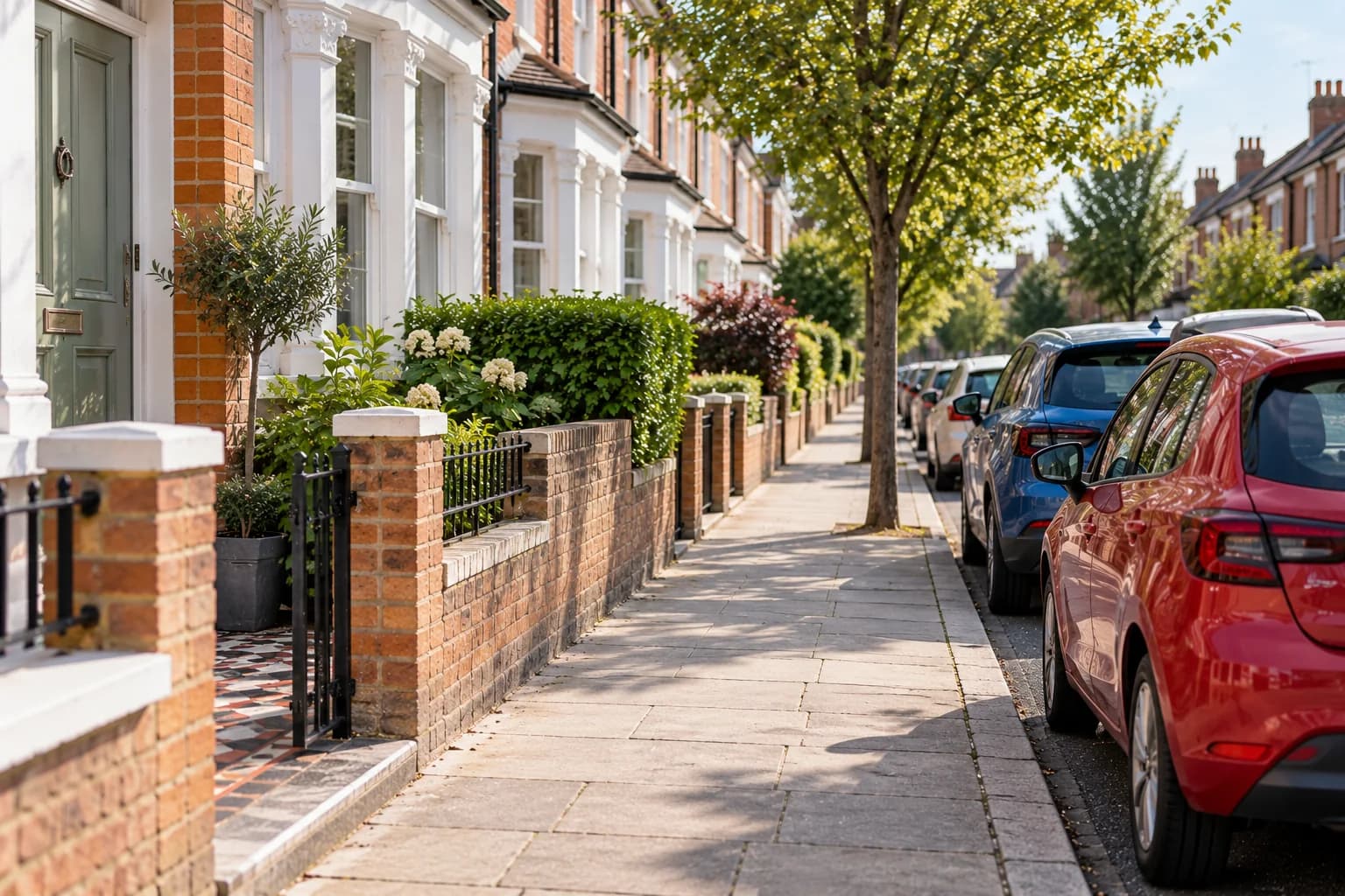 Cars parked on the road outside terraced houses, with a public pavement separating them from the homes.