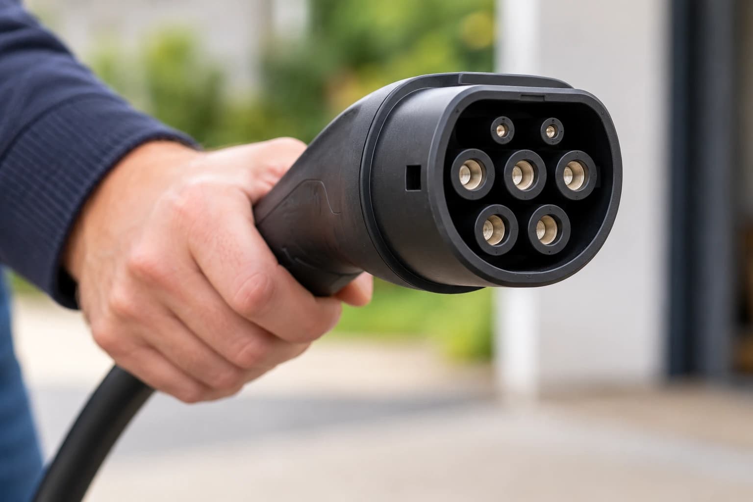 Type 2 AC charging plug with a keyed face and seven contact openings.