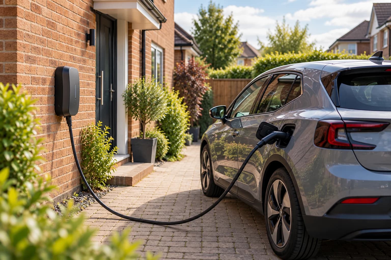 Electric car connected to a wall charger on a private driveway.