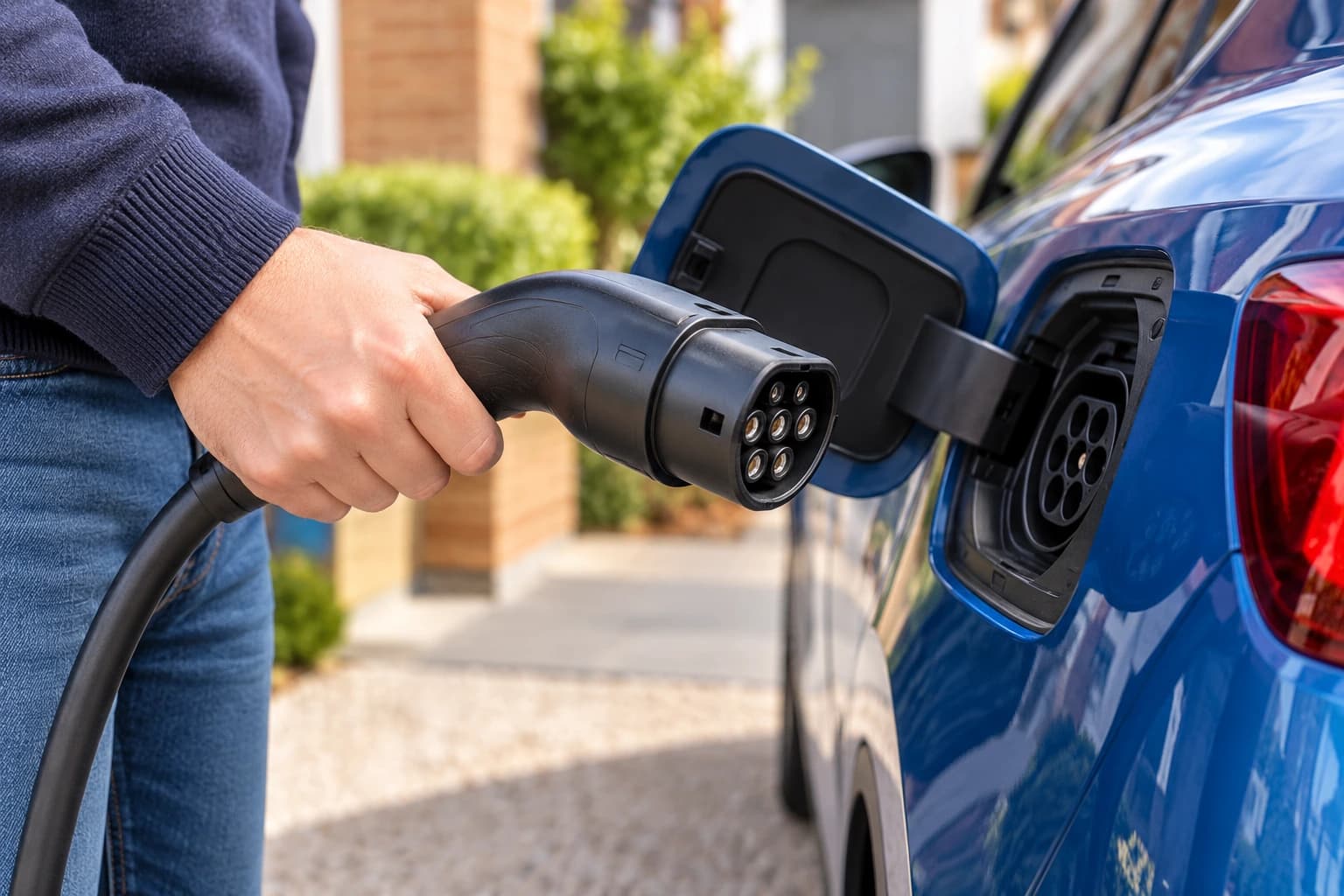 Type 2 charging plug held beside a car's AC charging inlet.